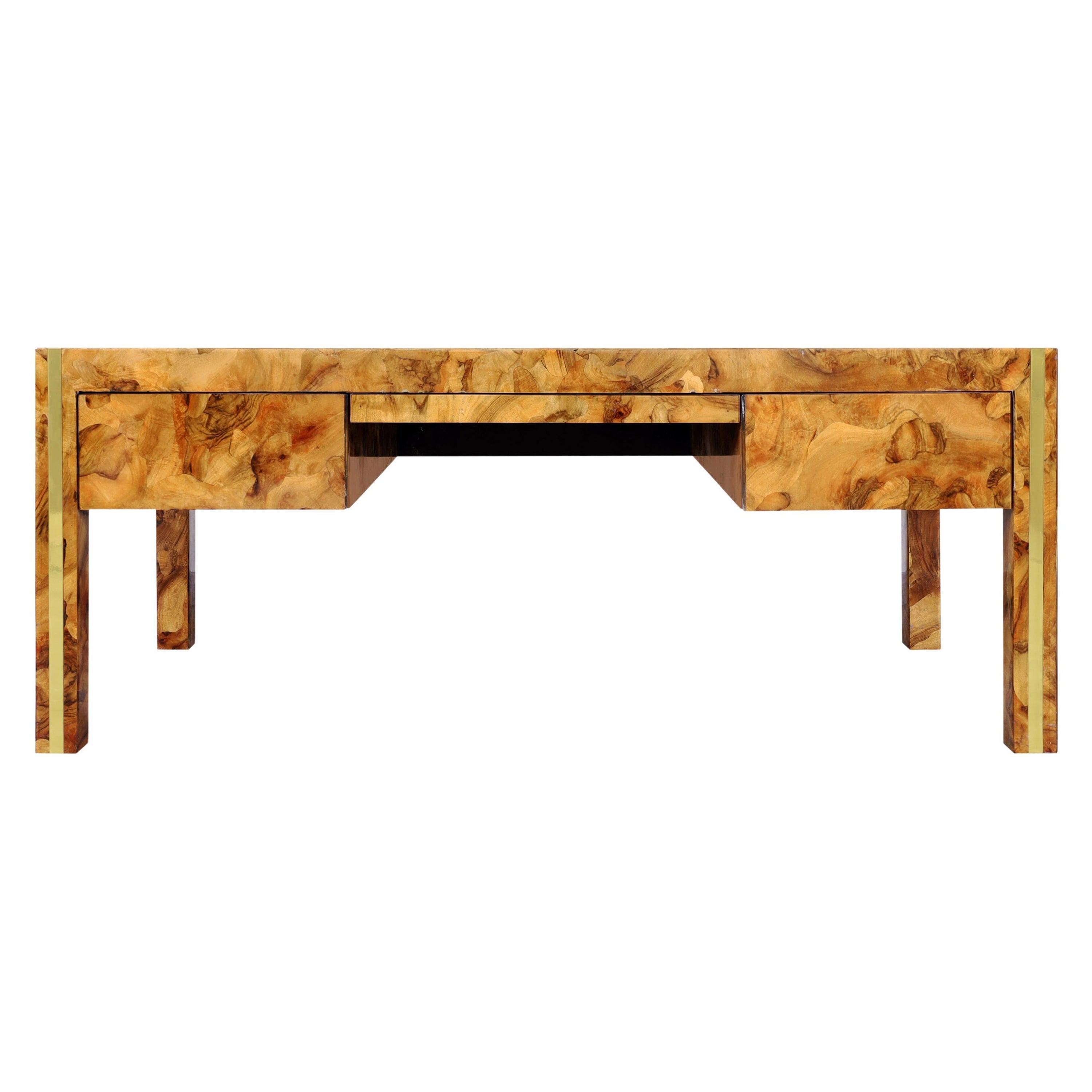 Monumental Burl Wood and Brass Executive Desk