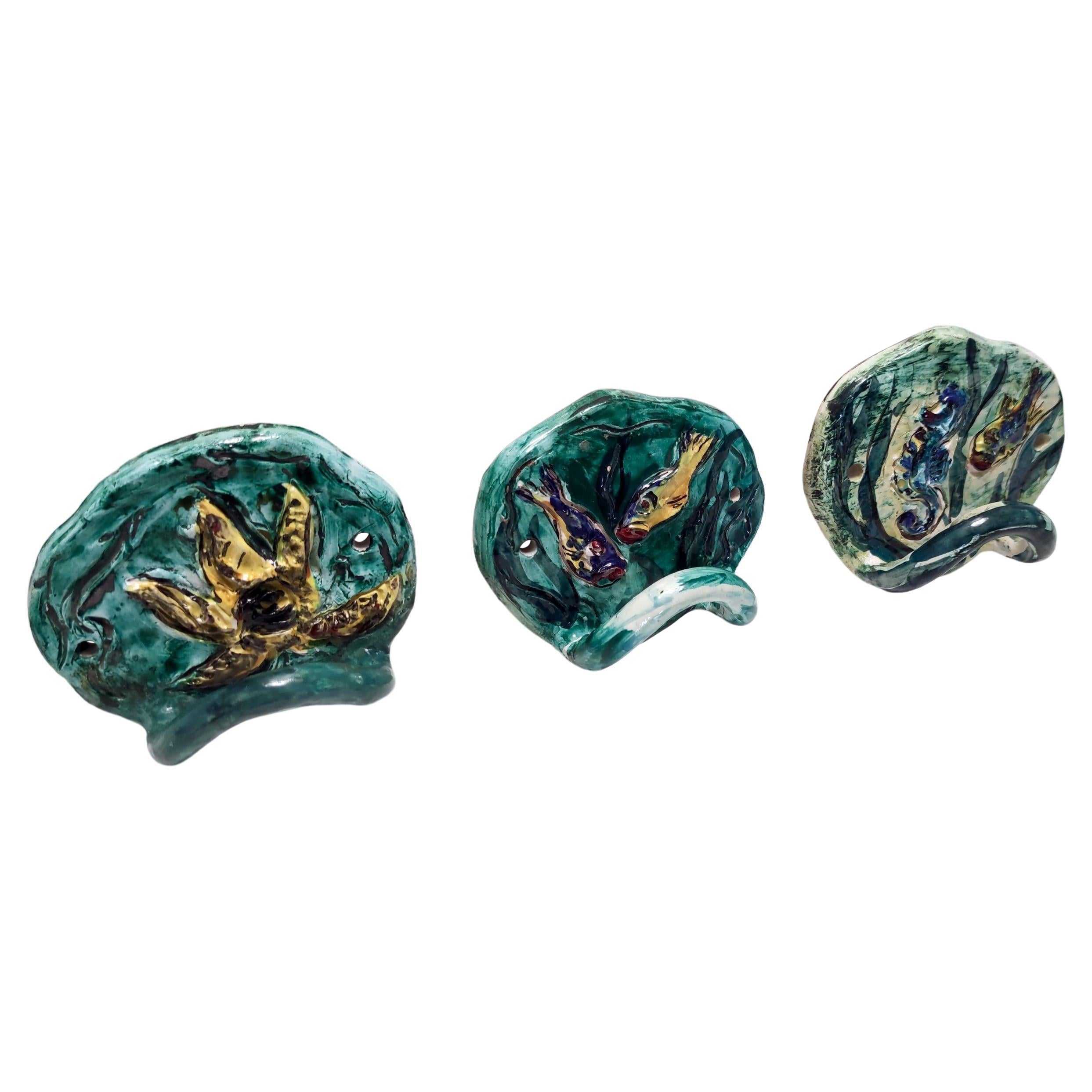 Set of Three Vintage Wall-Mounted Albisola Hand-Painted Earthenware Hooks, Italy For Sale