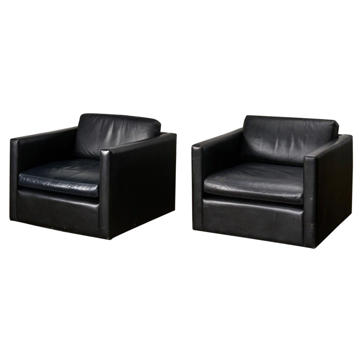 Pair Knoll Pfister Black Leather Lounge Chairs, 1980 For Sale
