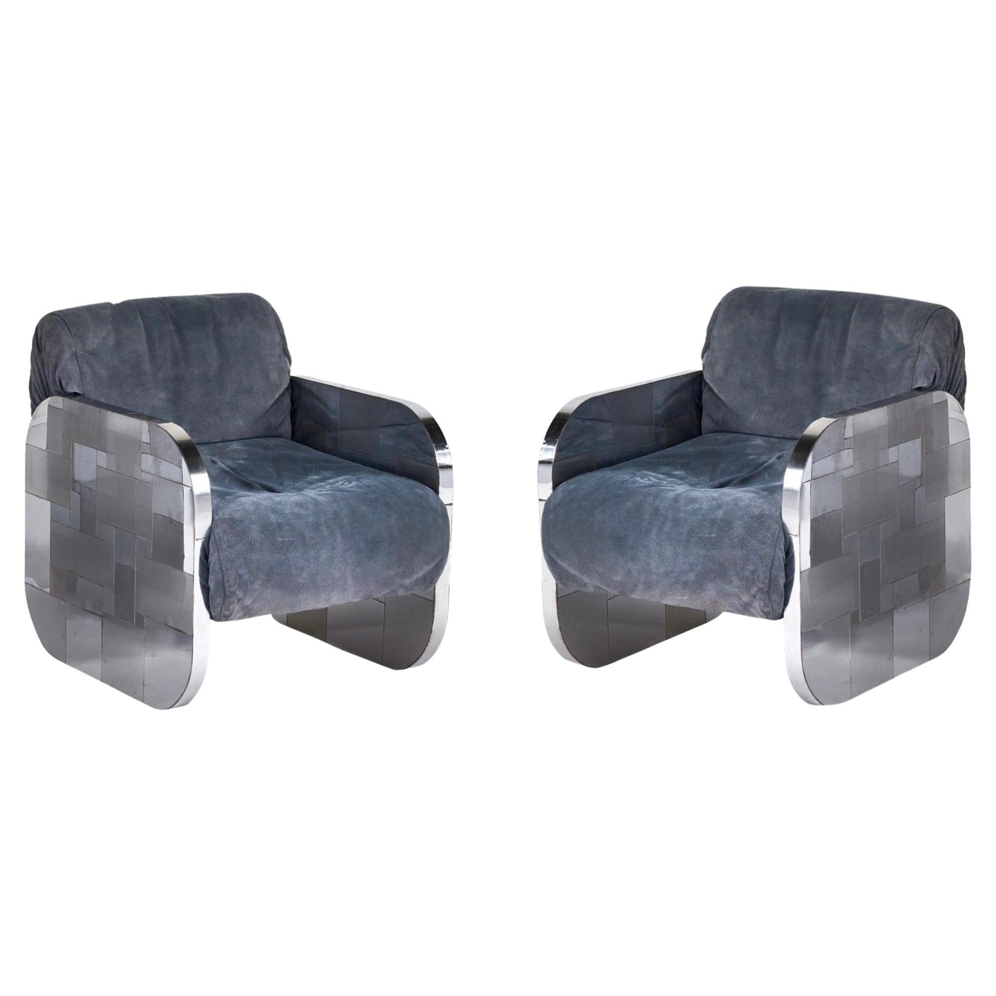 Paul Evans Chrome and Suede Cityscape Lounge Chairs for Directional, 1970