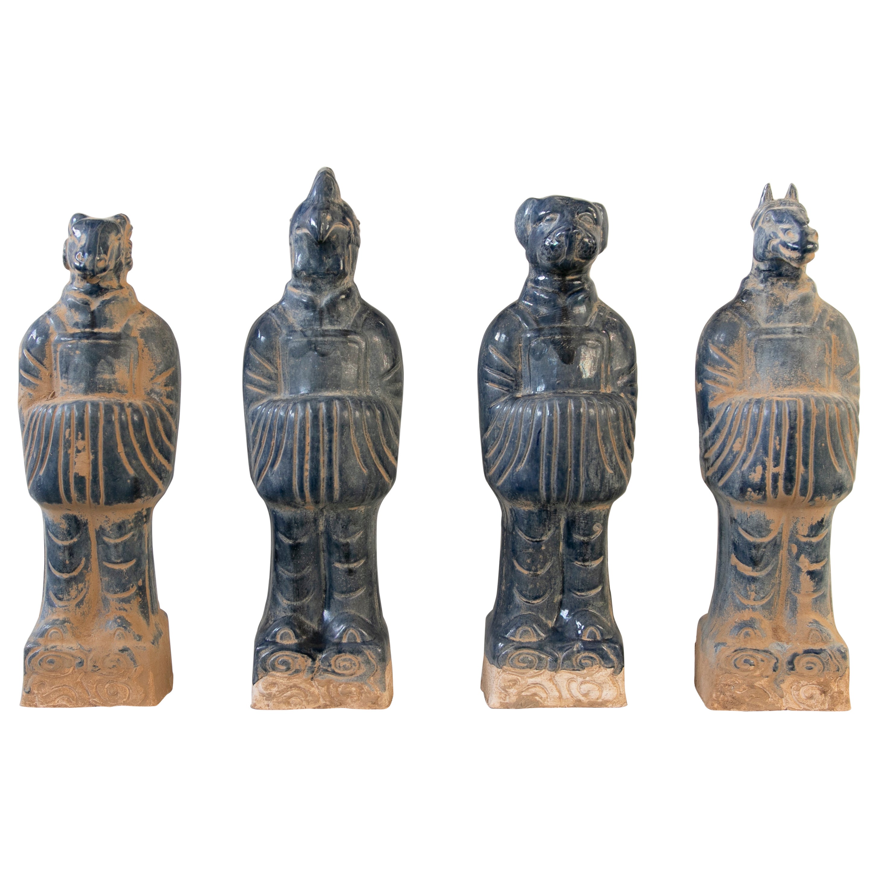 Set of Four Chinese Mythological Gods in Blue Glazed Terracotta For Sale