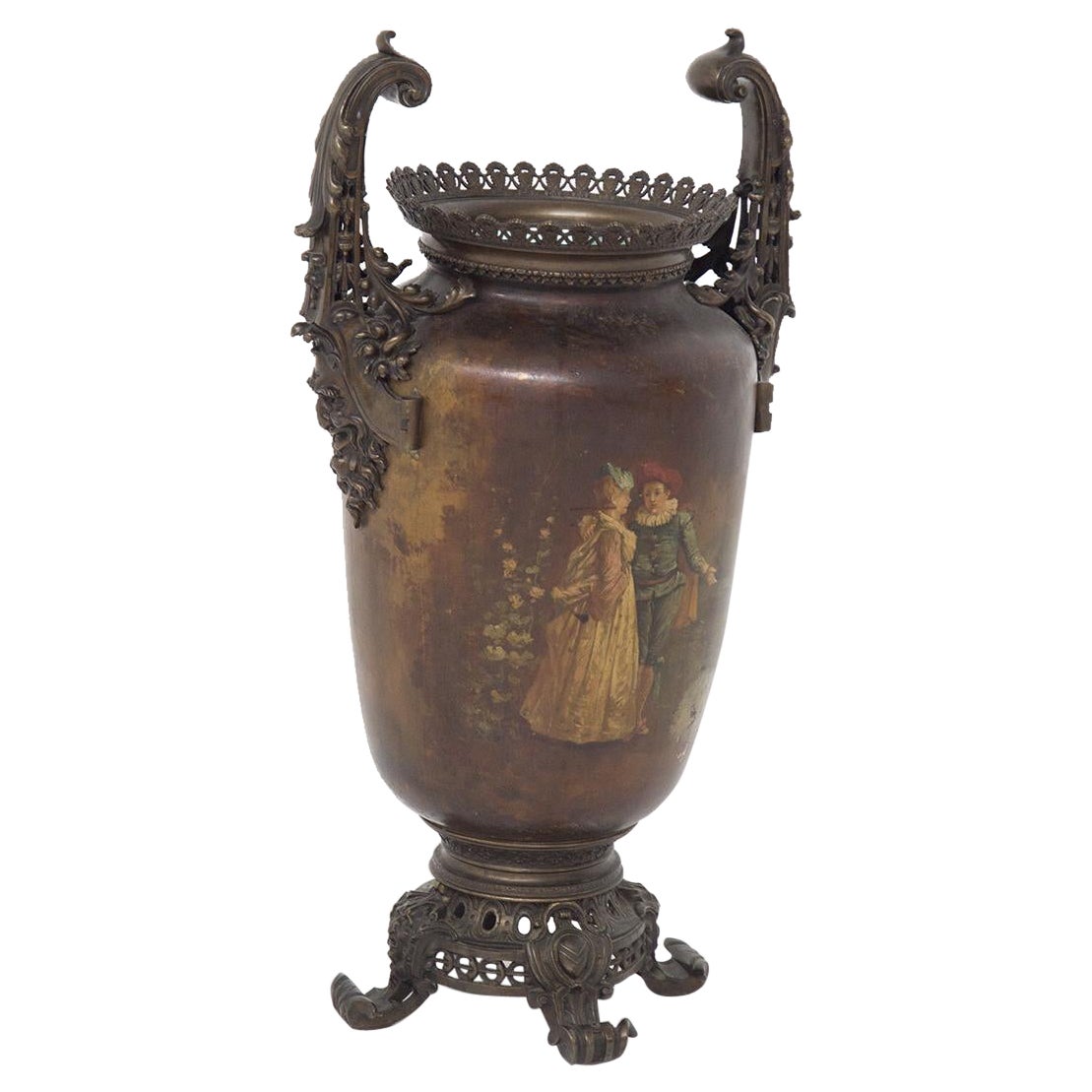 Large Art Nouveau Painted Bronze Vase For Sale