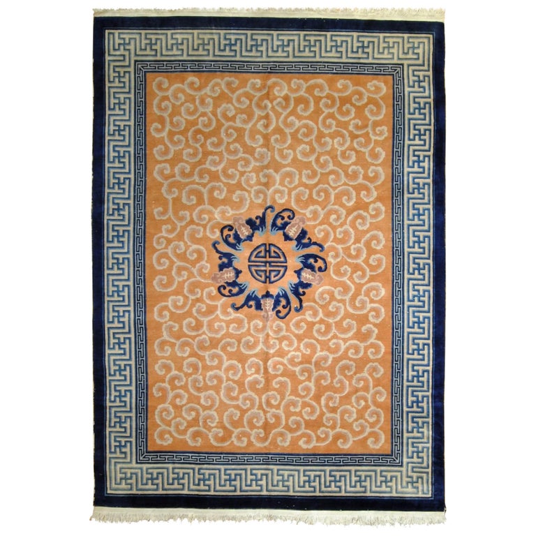 20th Century Red Field Blue border and White Clouds Chinese Peking Rug ...