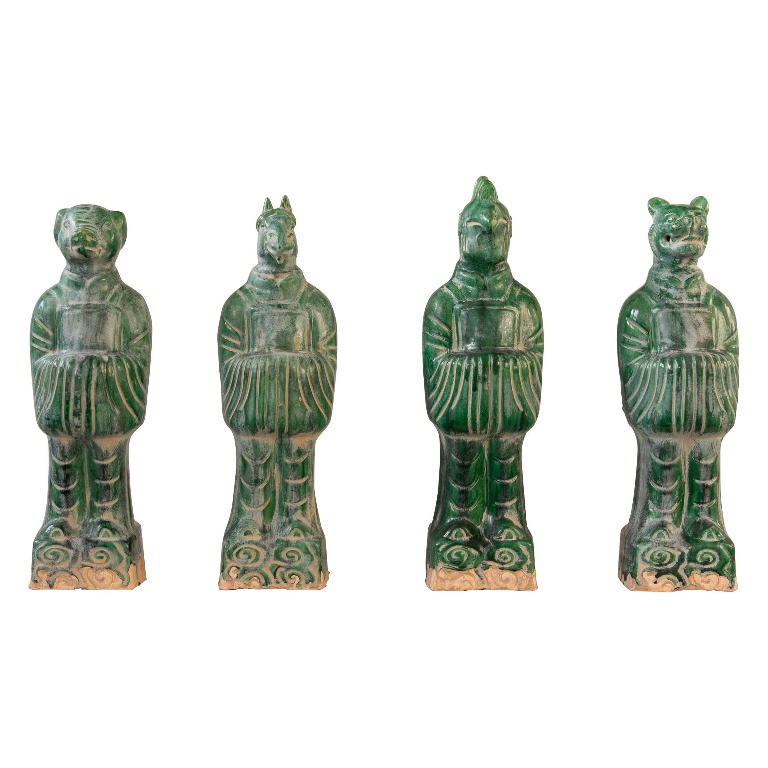 Set of Four Chinese Mythological Gods in Green Glazed Terracotta