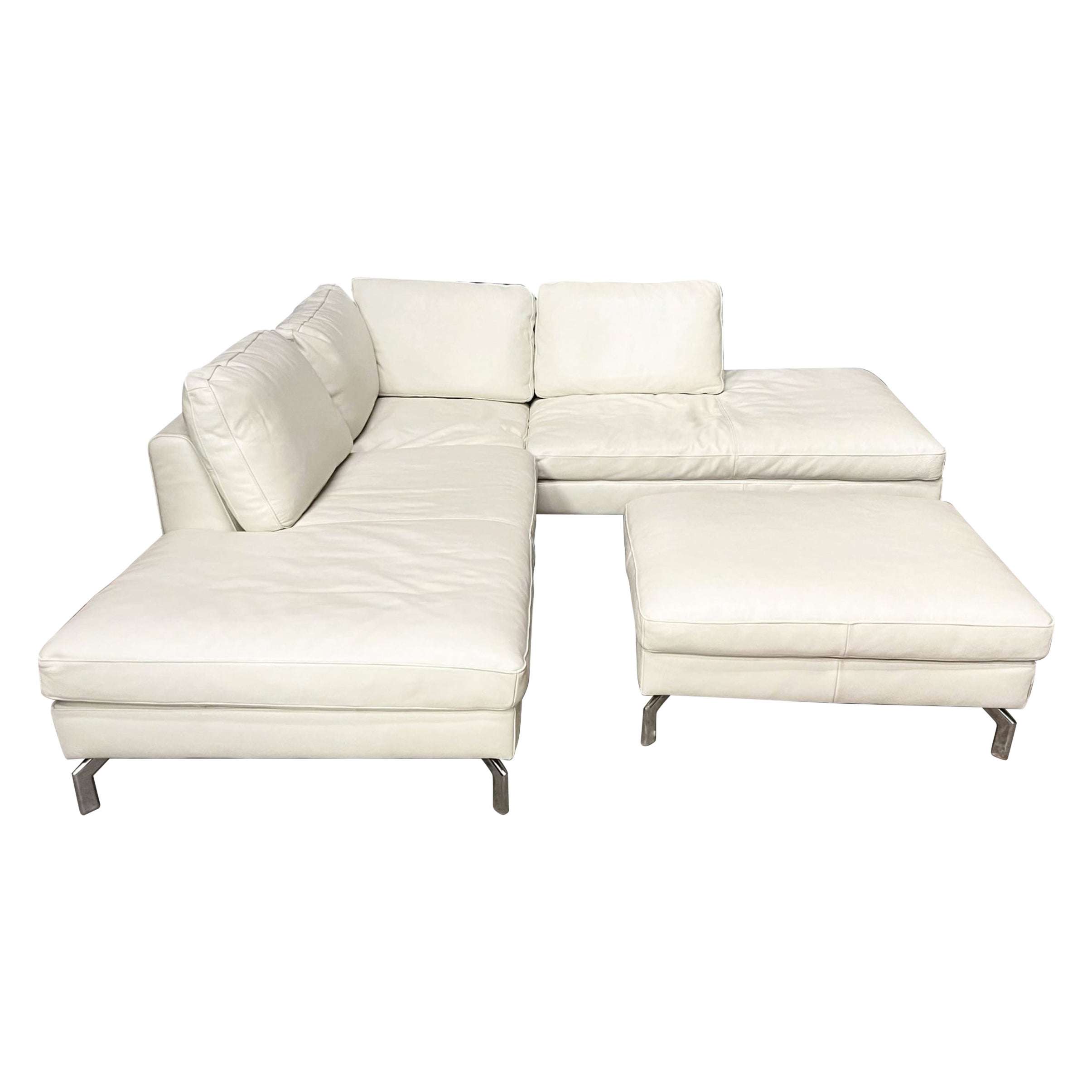 Canapé d'angle français du 20ème siècle en cuir véritable blanc avec pieds chromés