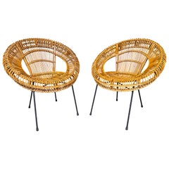 Vintage Mid-Century Modern Pair of Rattan Bucket Armchairs. Italy, 1950s