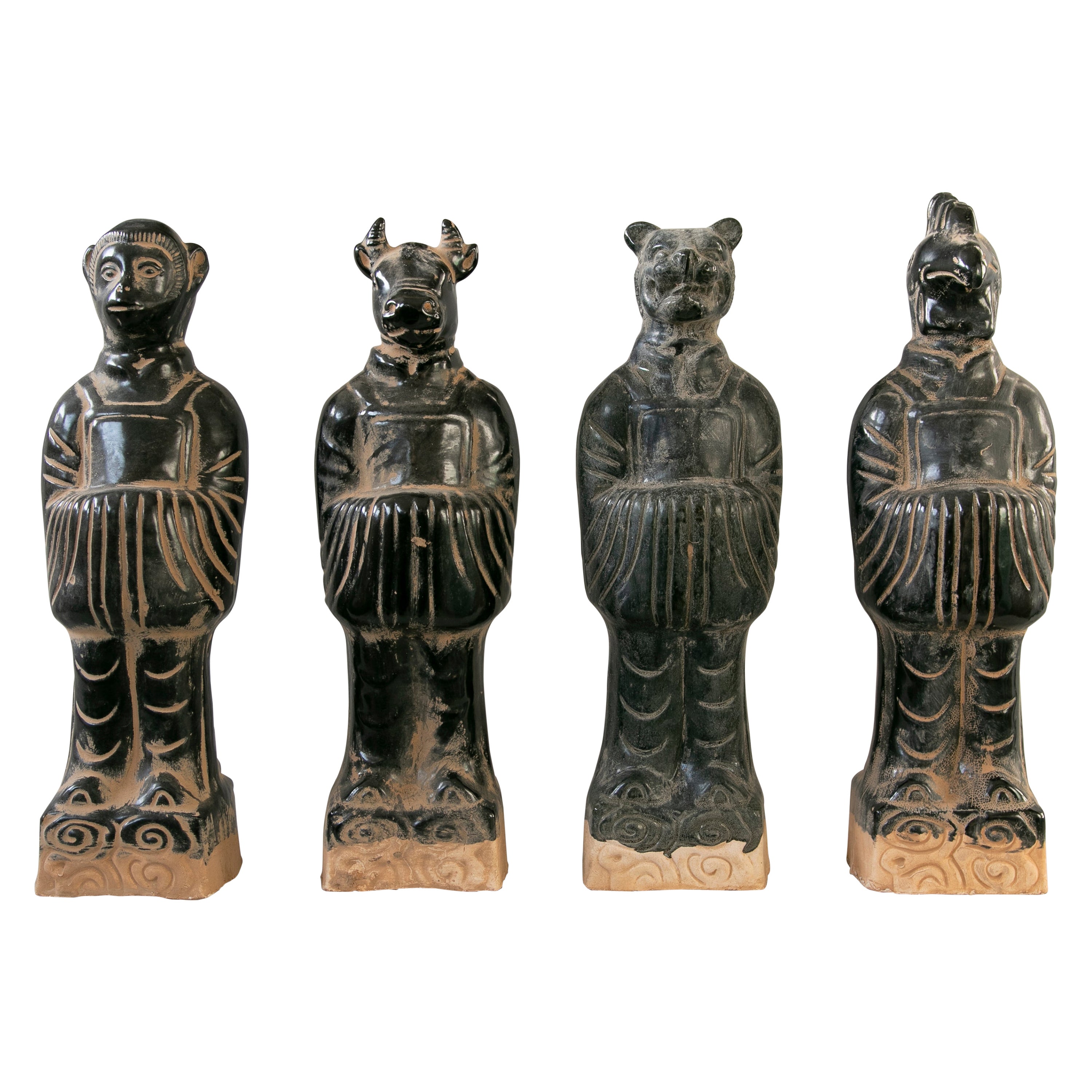 Set of Four Chinese Mythological Gods in Black Glazed Terracotta For Sale