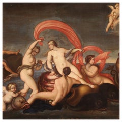 Antique 18th Century Oil on Canvas Italian Mythological Painting the Triumph of Galatea