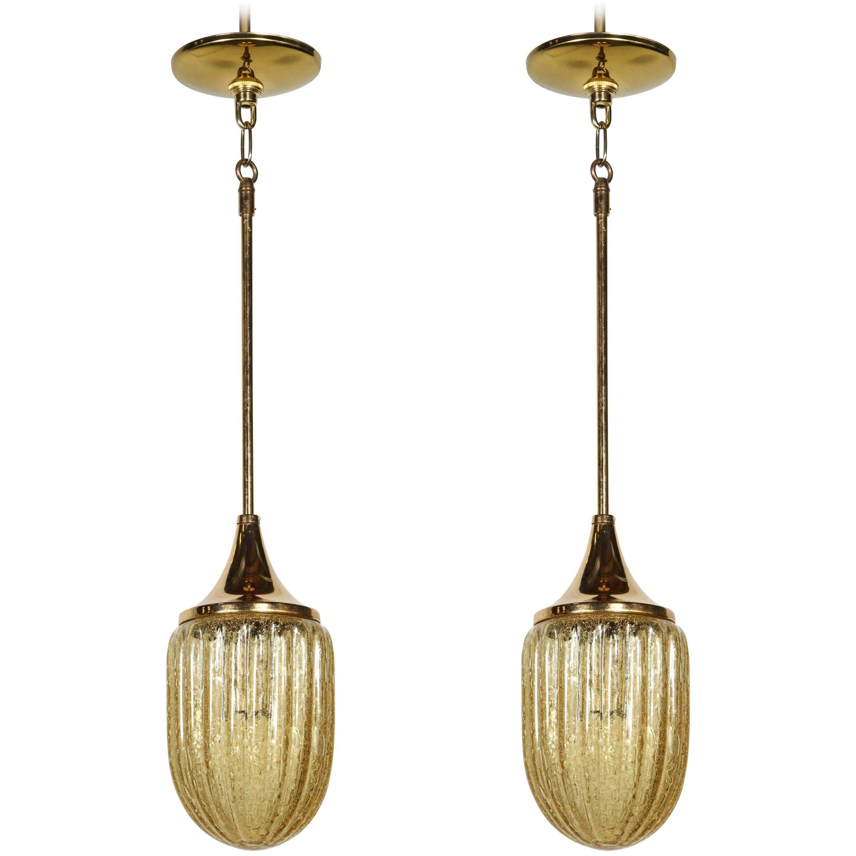 Great Pair of Amber Glass Pendant Lights by Doria