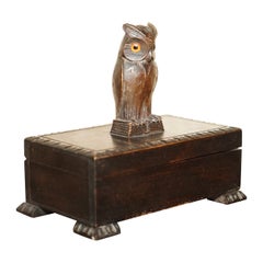 Antique Swiss Black Forest Owl Cigar Box with Original Tin Lining Hand Carved