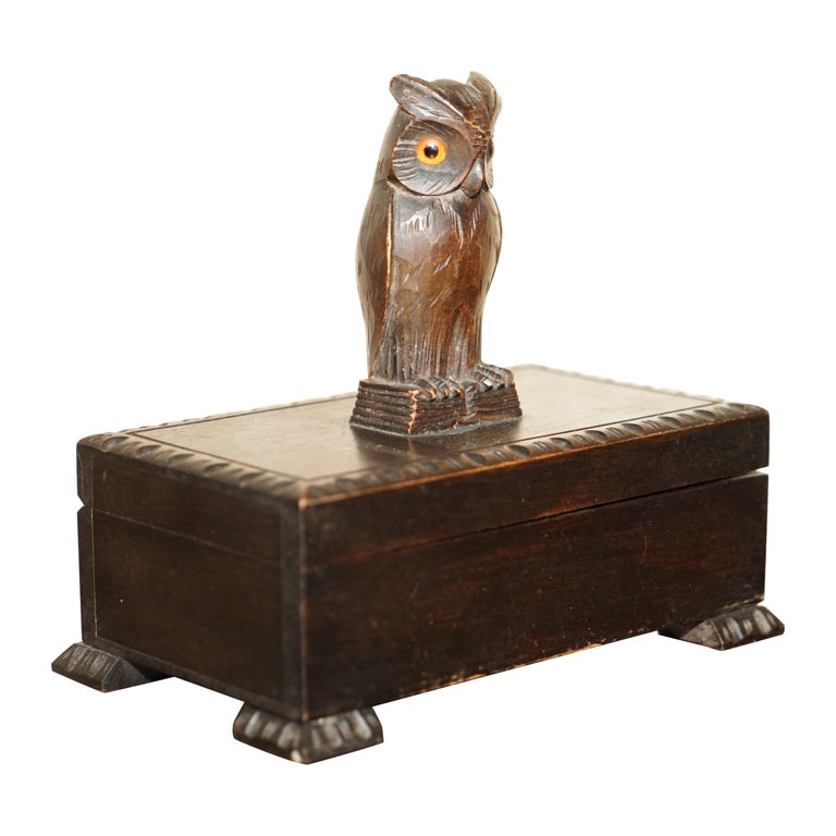 Antique Swiss Black Forest Owl Cigar Box with Original Tin Lining Hand Carved For Sale