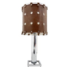 1960's Brutalist Italian Leather & Chrome Table Lamp