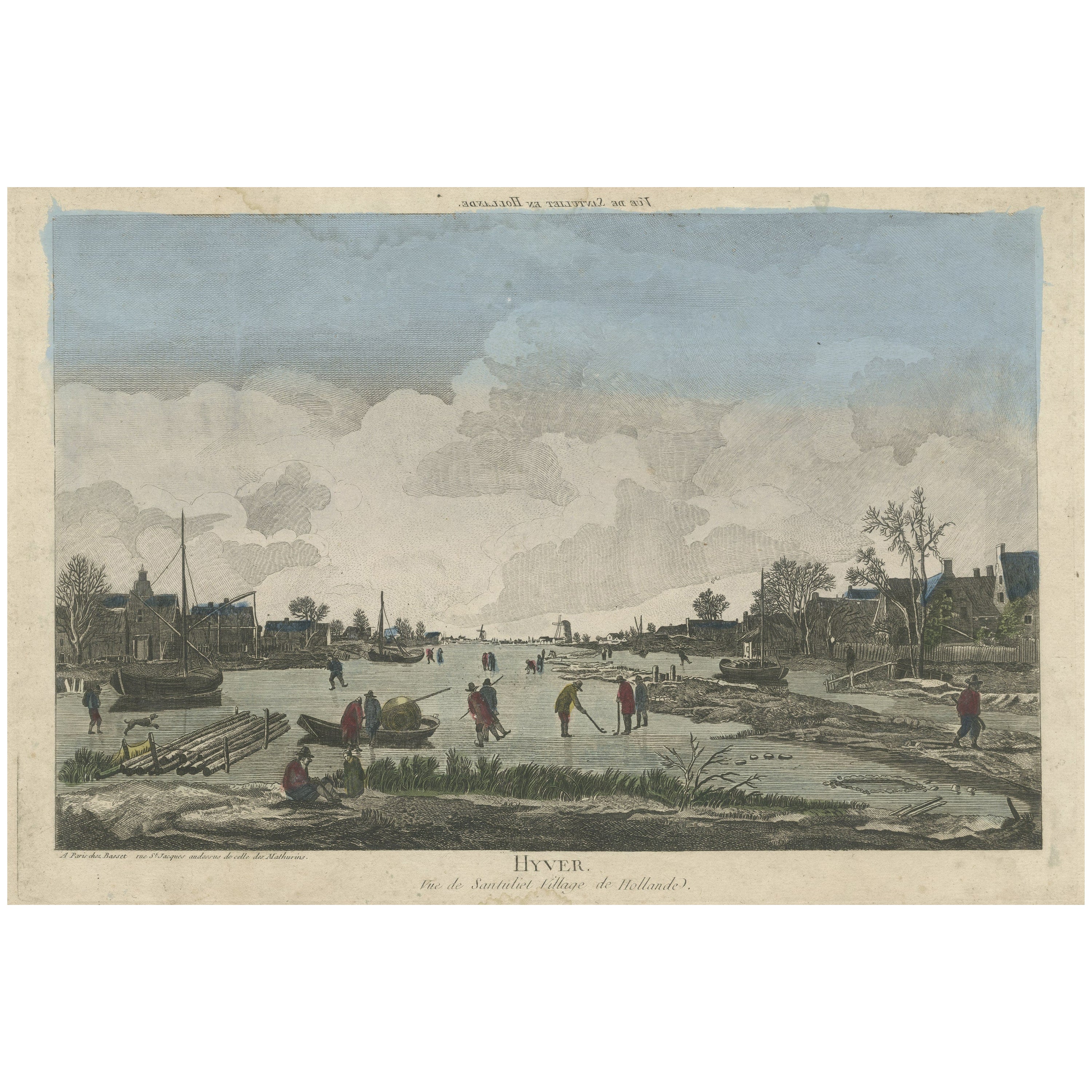 Old Original Antique Optical Print of People Ice Skating and Playing Ice Hockey