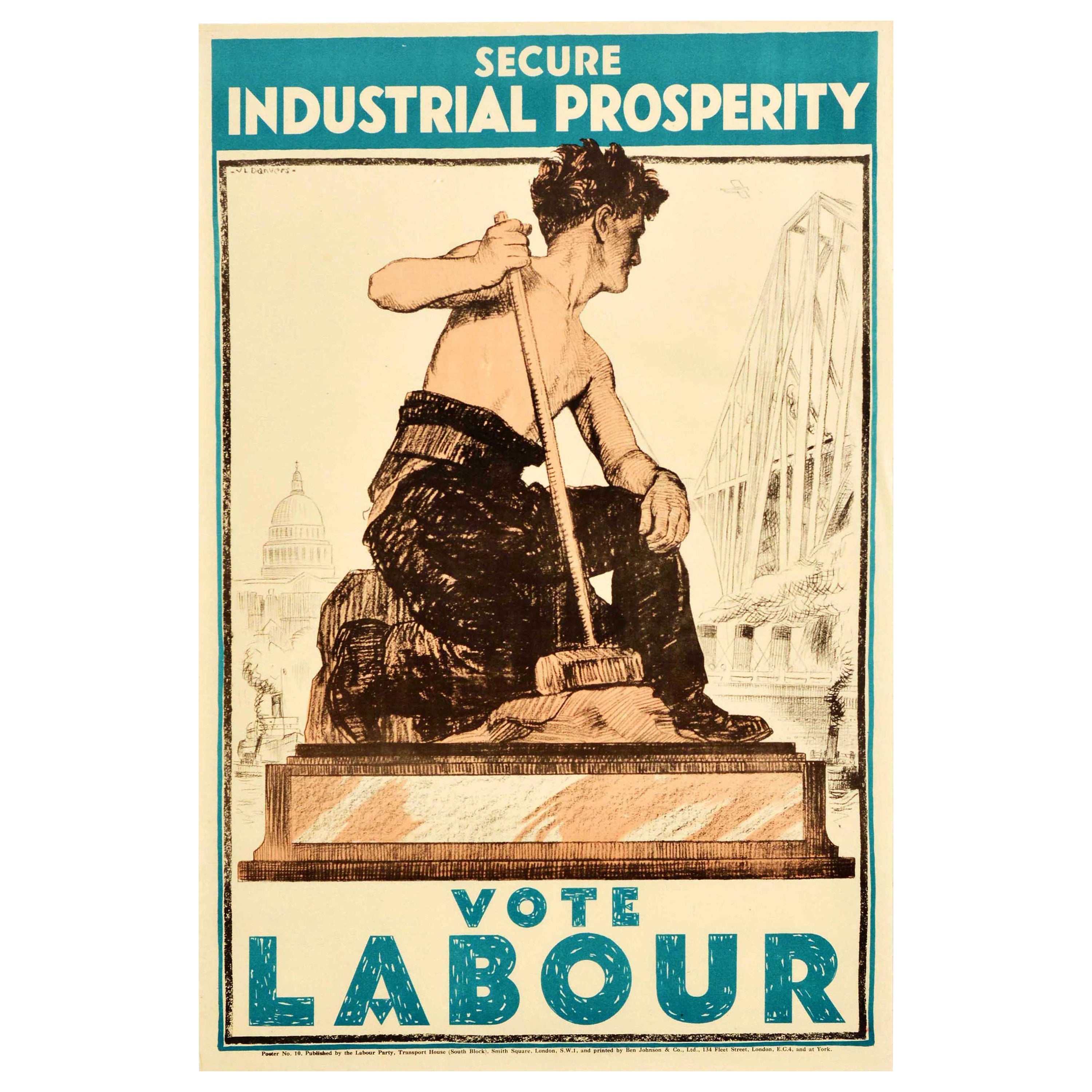 Original Vintage Poster Secure Industrial Prosperity Vote Labour Party Elections