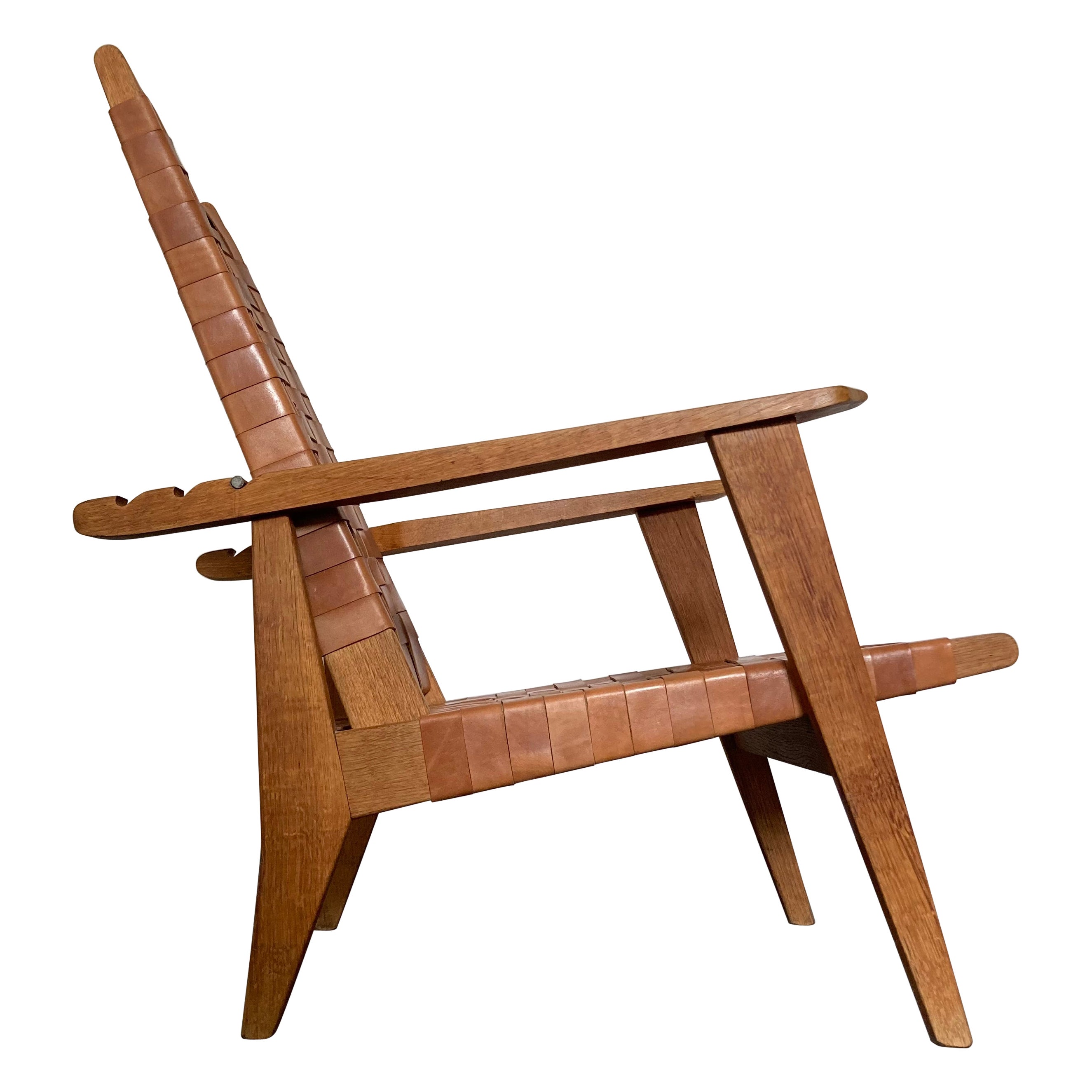 High Back Lounge Chair, Leather Webbed & Solid Oak Wood in the Style of J. Risom