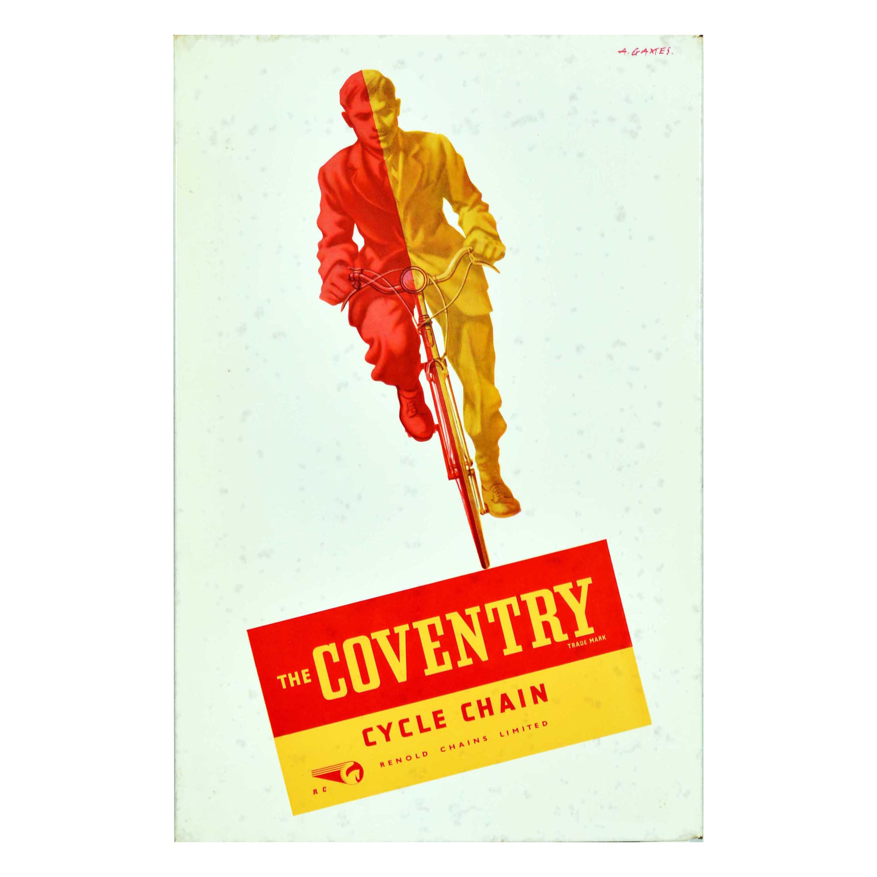 Affiche vintage d'origine Renold Coventry, Chaîne de cyclisme Abram Games, Dessin de cycliste