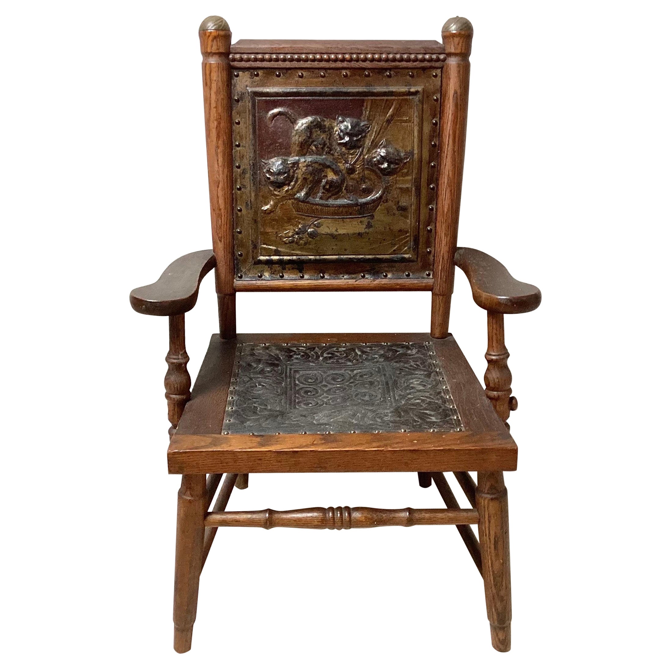 Victorian Aesthetic Movement Childs Chair with Pressed Leather Cats on Seat Back For Sale