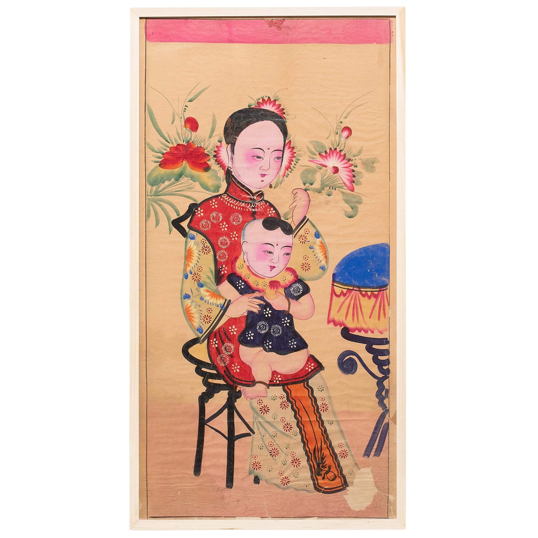 Chinesisches Yangliuqing-Gemälde des neuen Jahres, Schönheit und Baby, um 1920 im Angebot