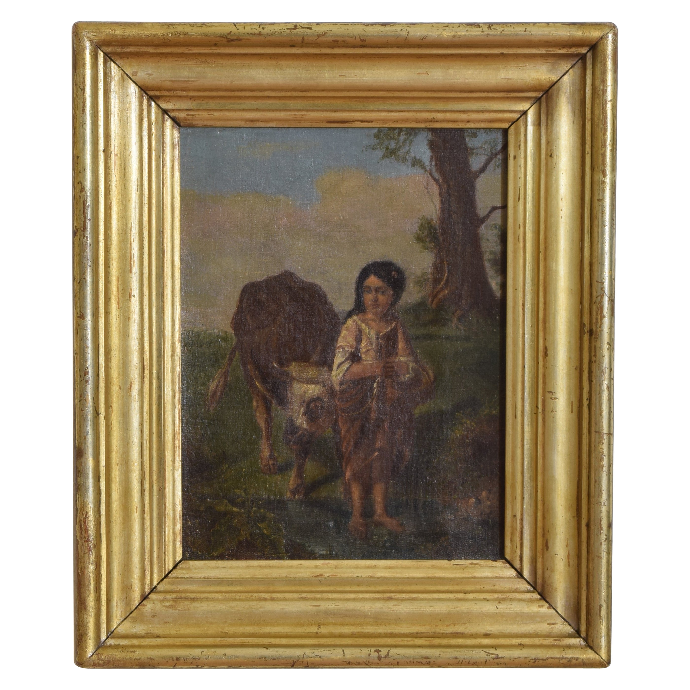 French Oil on Canvas, "Young Girl by a Stream with Cow", 2ndq 19th Century For Sale
