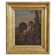 French Oil on Canvas, "Young Girl by a Stream with Cow", 2ndq 19th Century