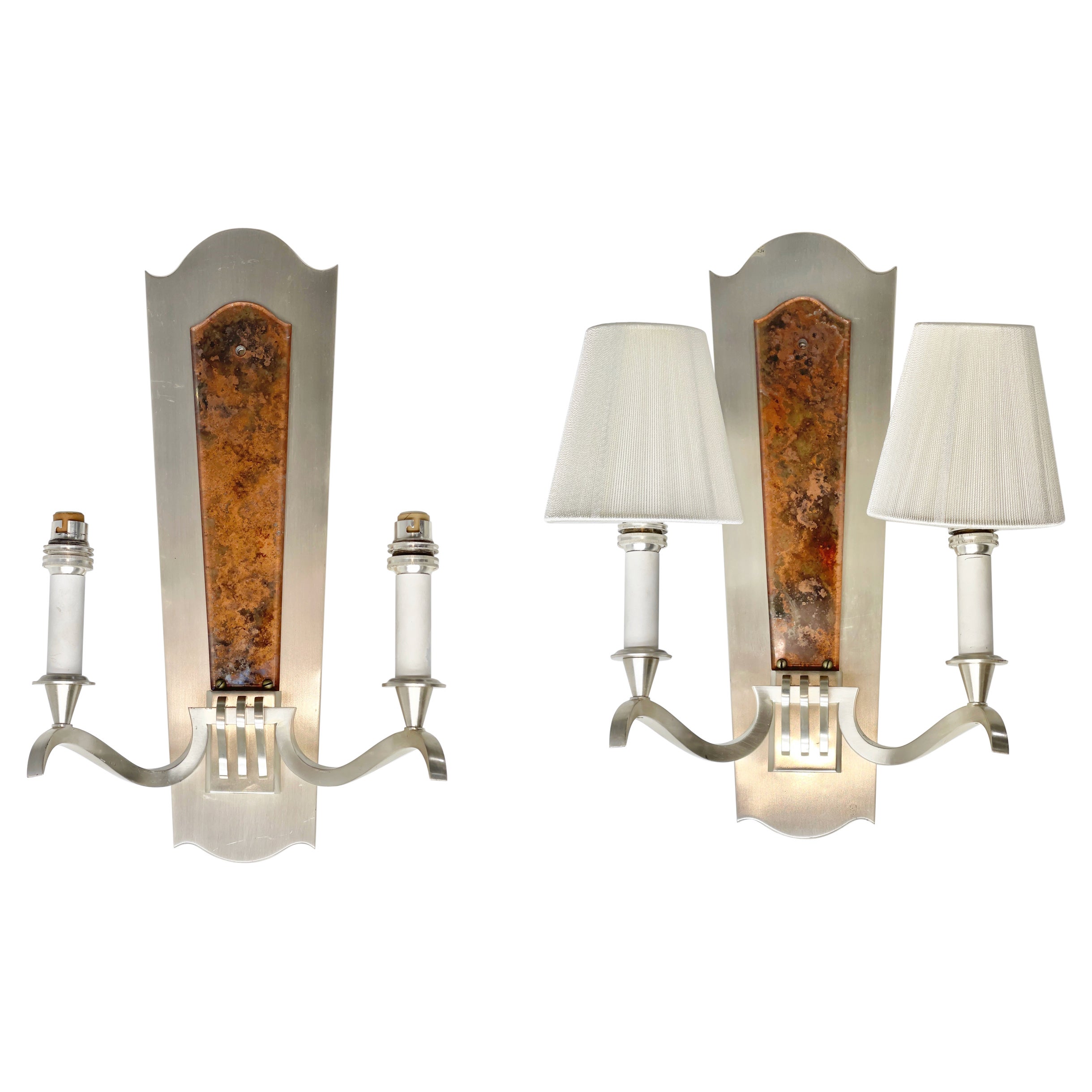 Pair of Genet et Michon Sconces in Brushed Nickel and Eglomise For Sale