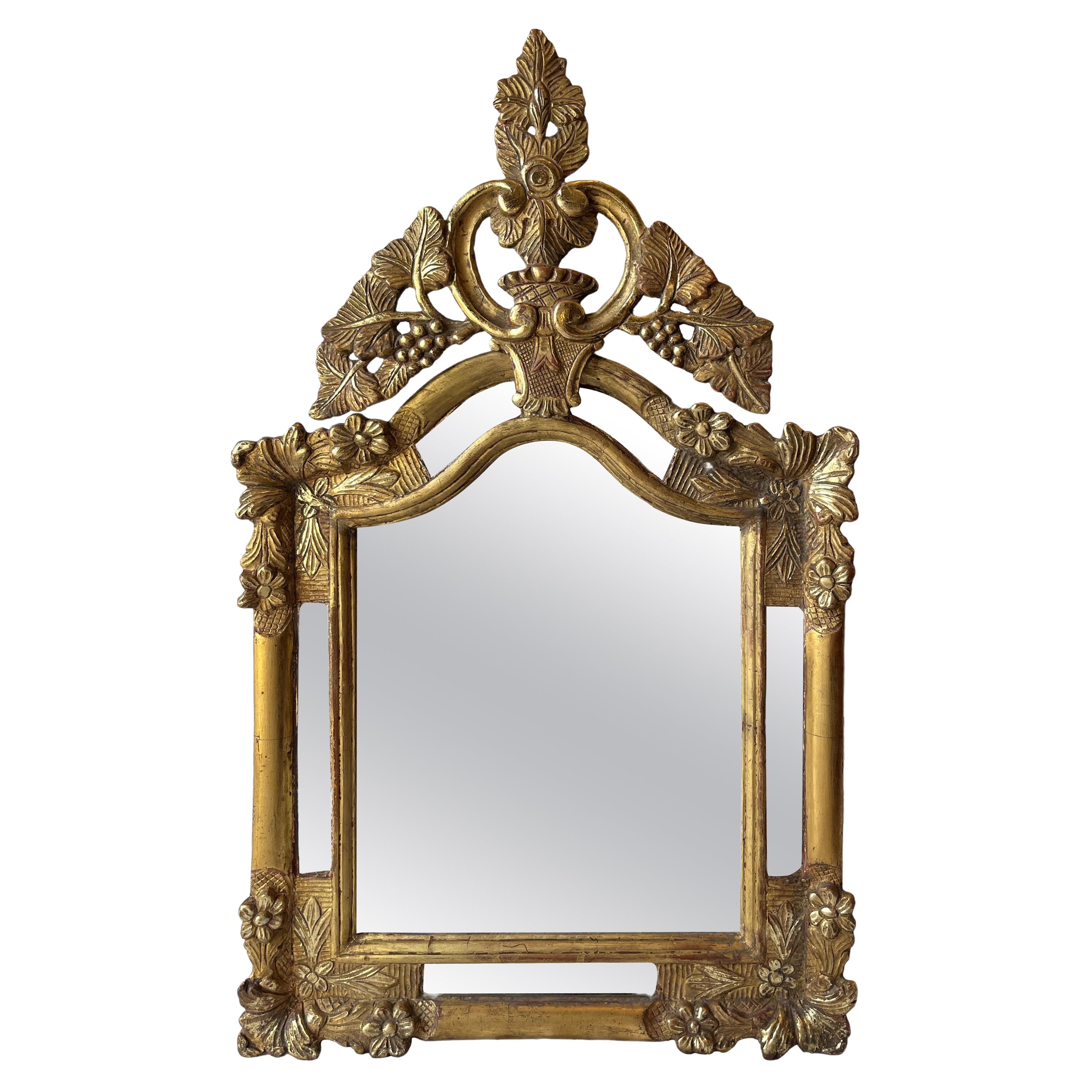 French 19th Cent Glazing Bead Golden Wood Carved Mirror For Sale