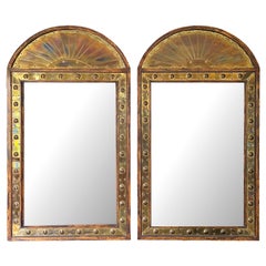 Vintage Italian Sarreid Studded Brass Repoussé Arched Wall Mirrors, Pair