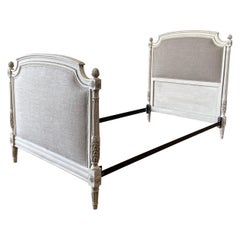 Vintage French Louis XVI Style Twin Bed Upholstered in Nubby Natural Linen
