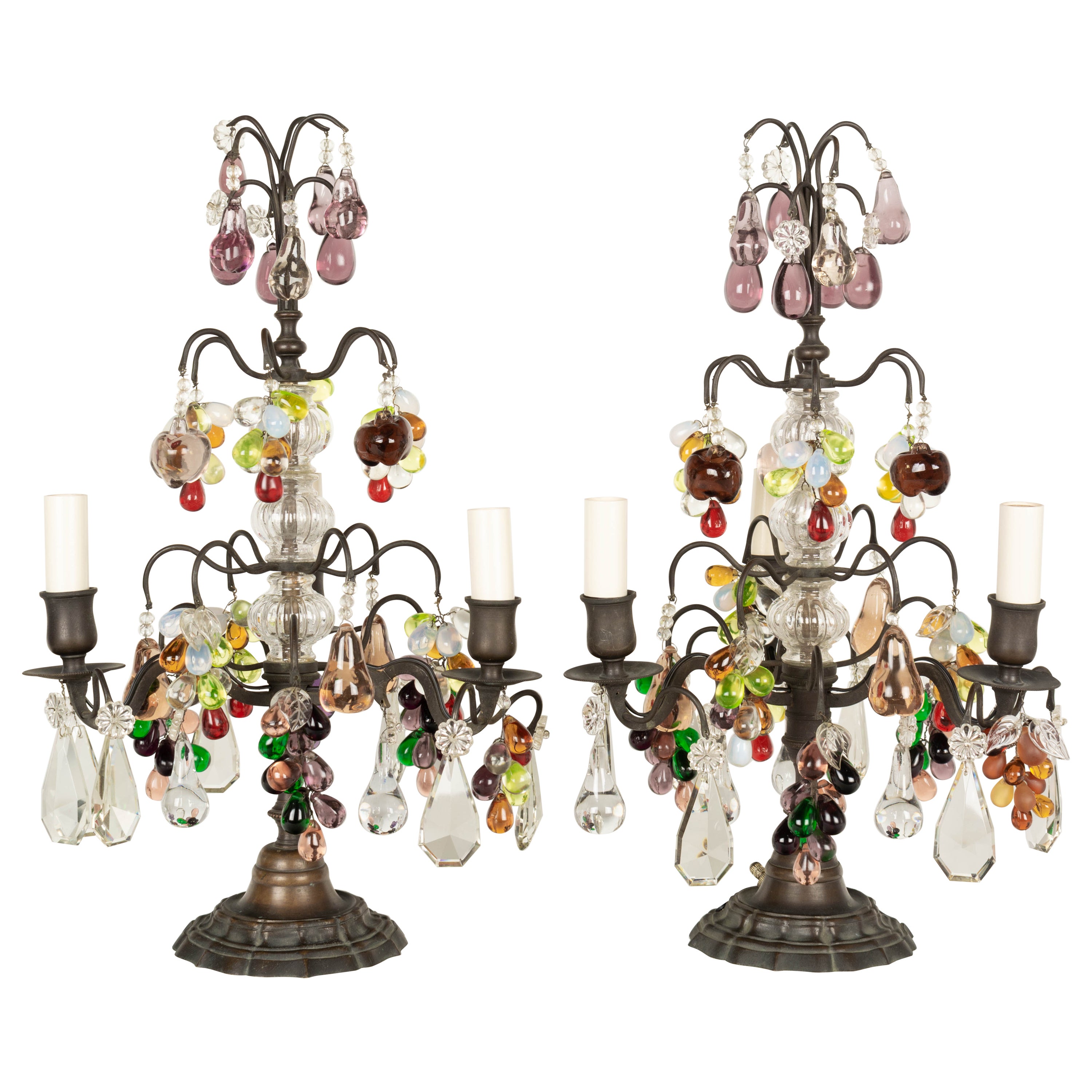 French Crystal Girandoles with Glass Fruits, a Pair For Sale