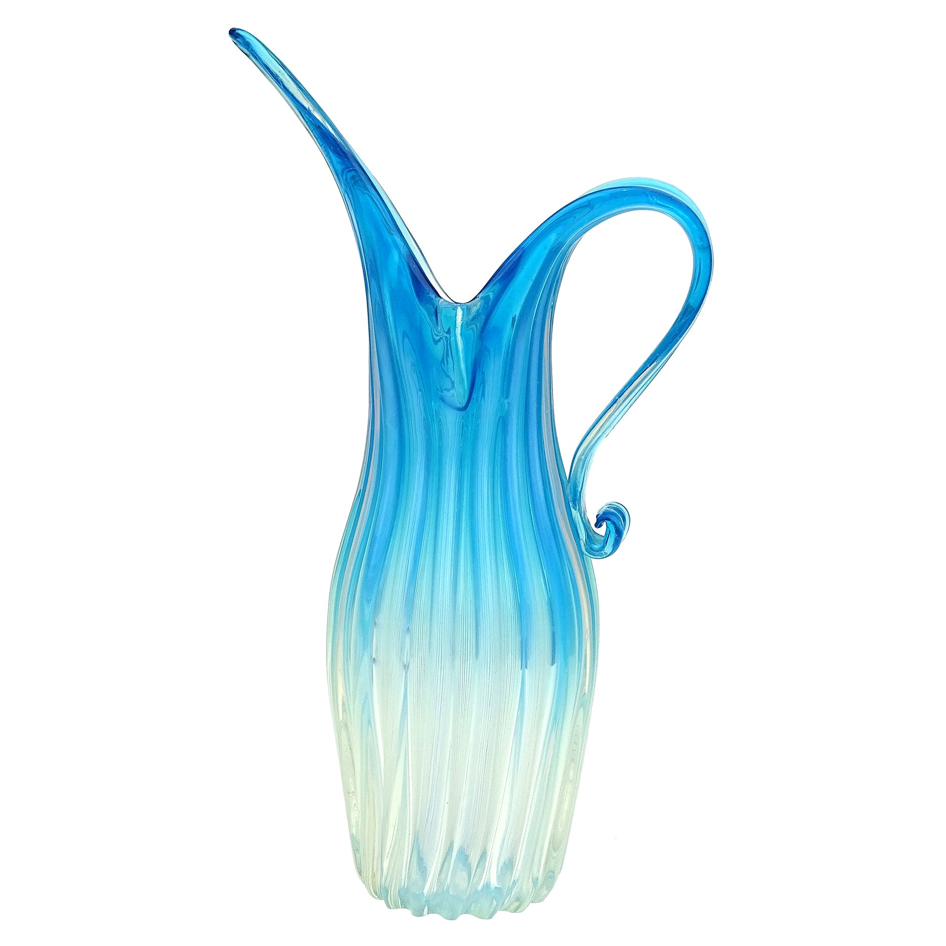 Fratelli Toso Murano Opalescent Blue Fade Italian Ribbed Art Glass Pitcher Vase For Sale