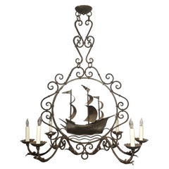 Antique French Wrought Iron Figural Ship Chandelier, Circa 1920.