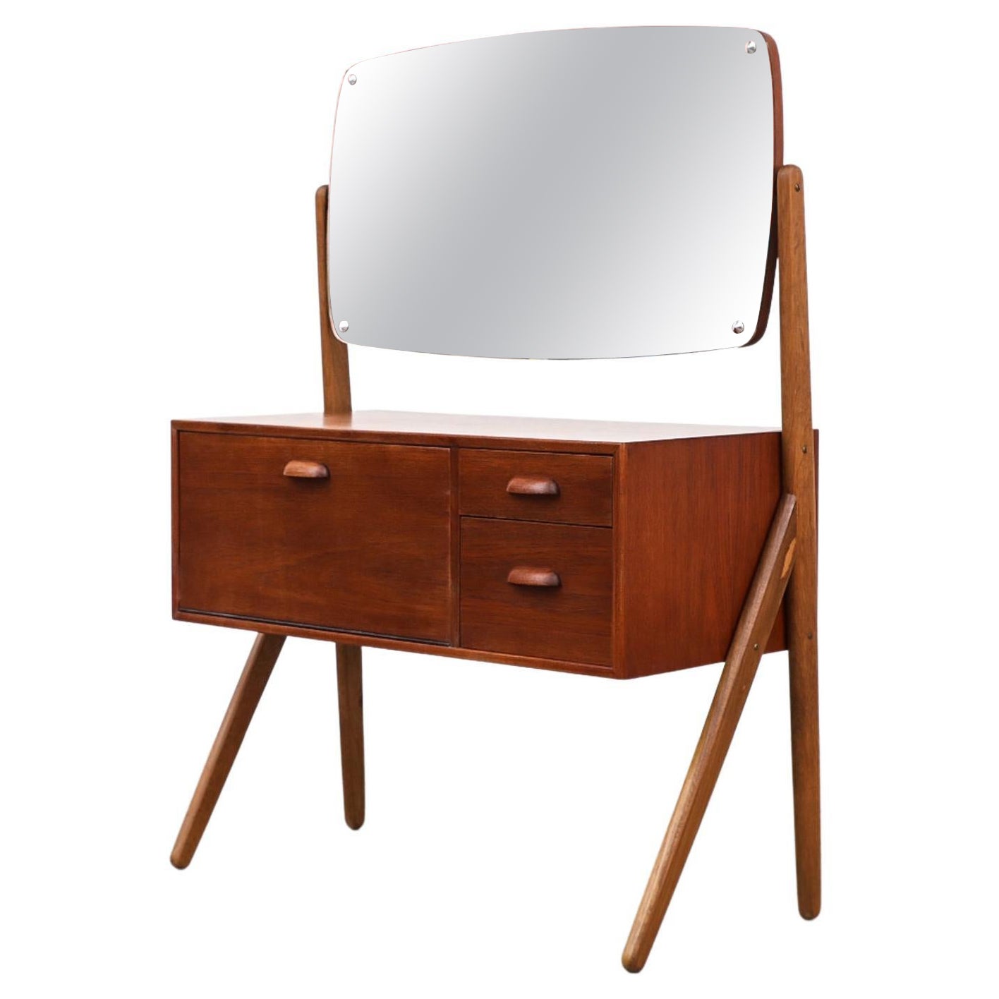 Danish Teak Vanity with Drop Down Cabinet, 2 Drawers and Adjustable Mirror