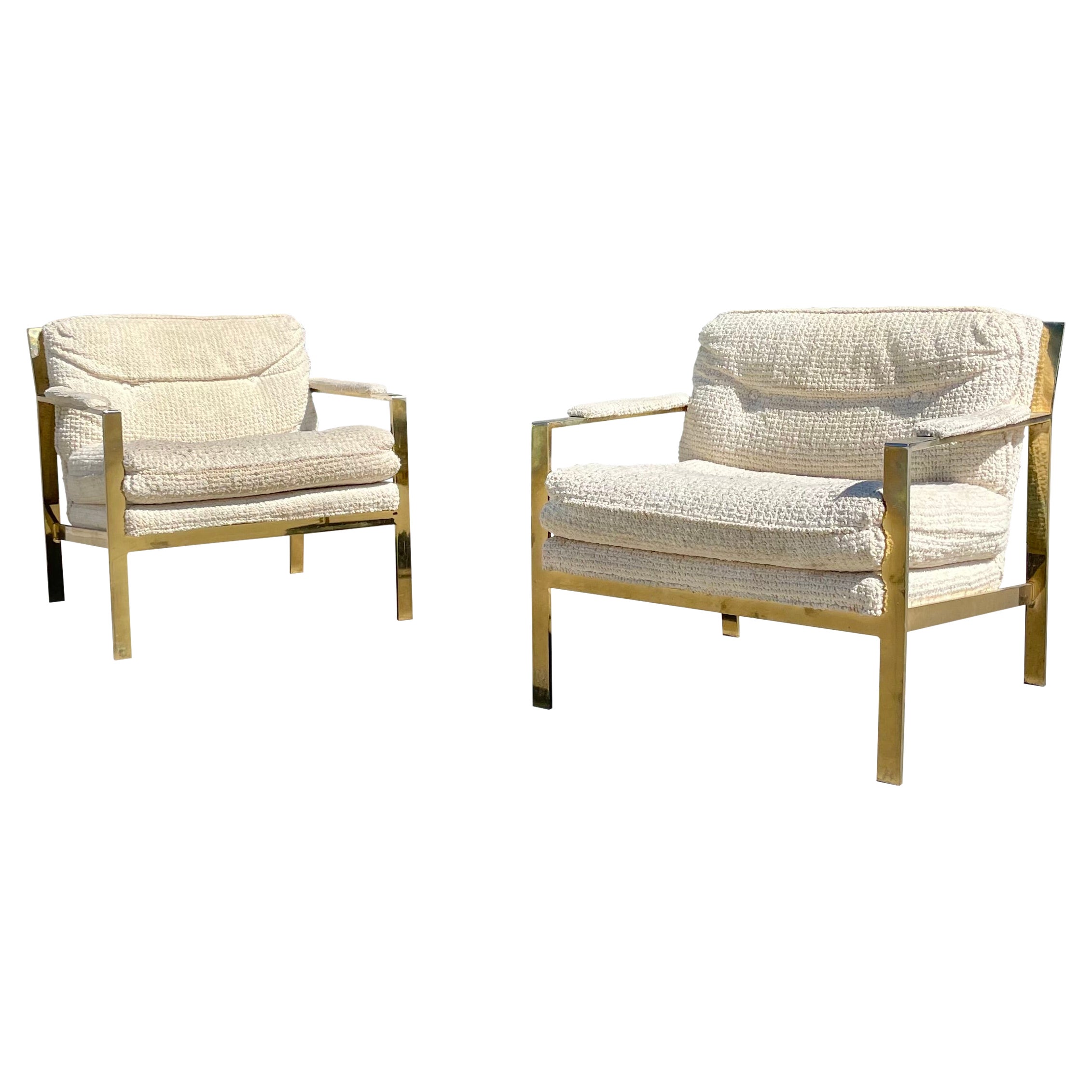 Mid-Century Brass and White Lounge Chair Styled After Milo Baughman For Sale