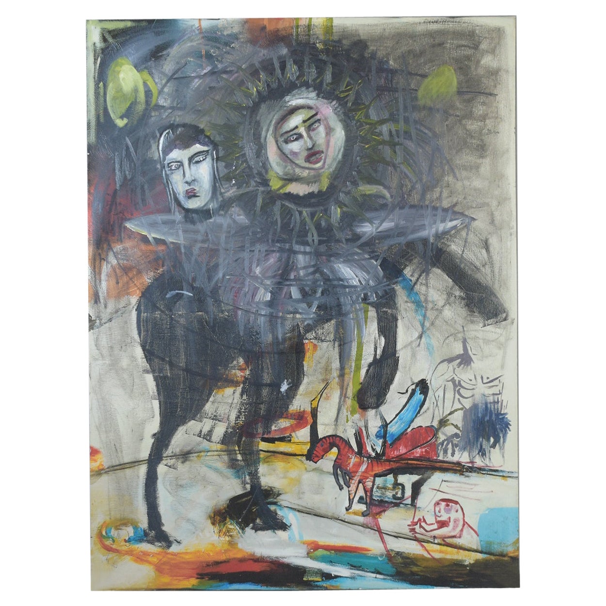 Peinture expressionniste abstraite unique à deux têtes de cheval en vente