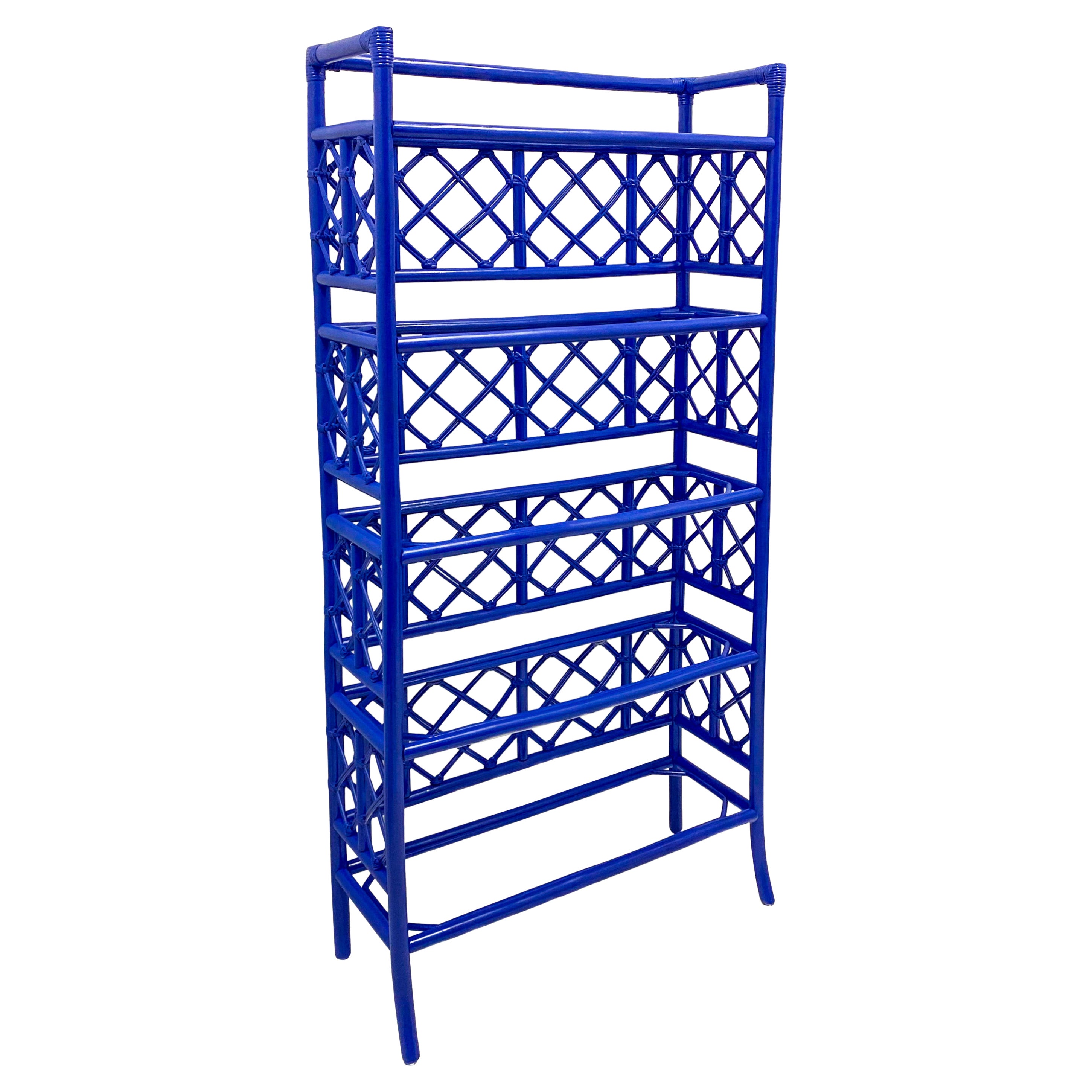 1960s Chippendale Style Blue Painted Rattan Shelf / Etagere by McGuire For Sale