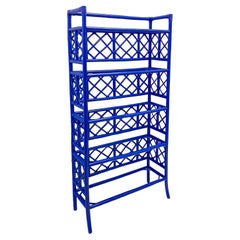 Retro 1960s Chippendale Style Blue Painted Rattan Shelf / Etagere by McGuire