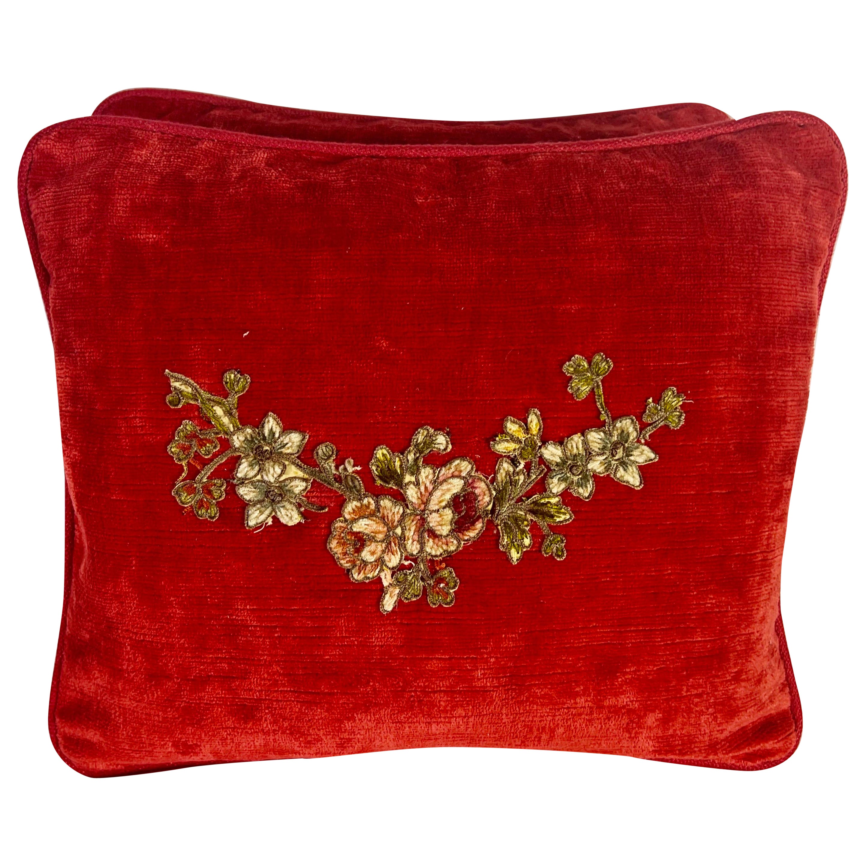 Pair of Custom Appliqué Red Velvet Pillows For Sale