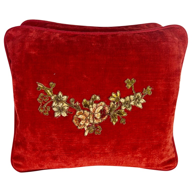 Pair of Custom Appliqué Red Velvet Pillows For Sale at 1stDibs