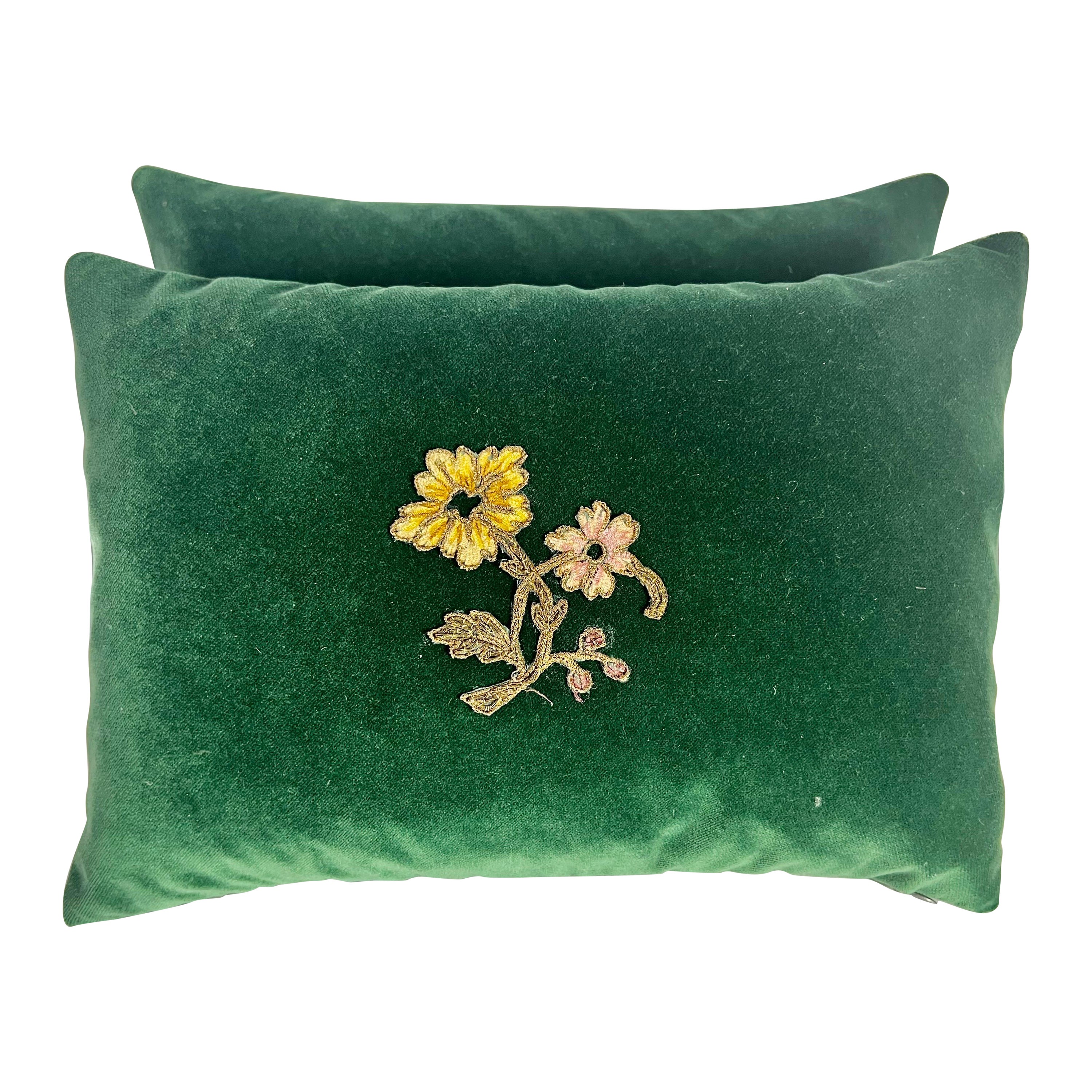 Pair of Custom Green Velvet Appliqué Pillows For Sale