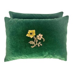 Vintage Pair of Custom Green Velvet Appliqué Pillows
