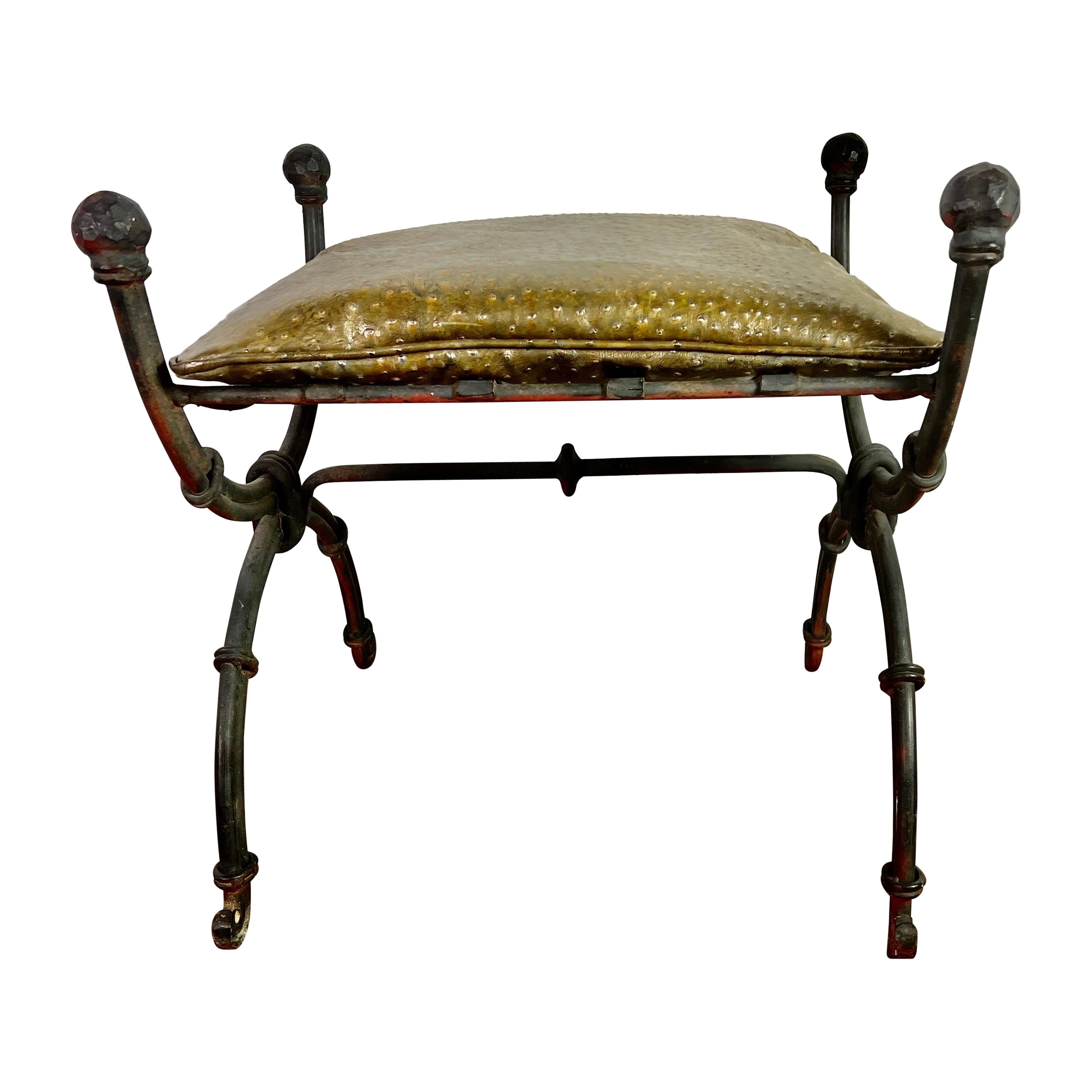 Spanish Wrought Iron Bench W/ Embossed Leather Cushion For Sale