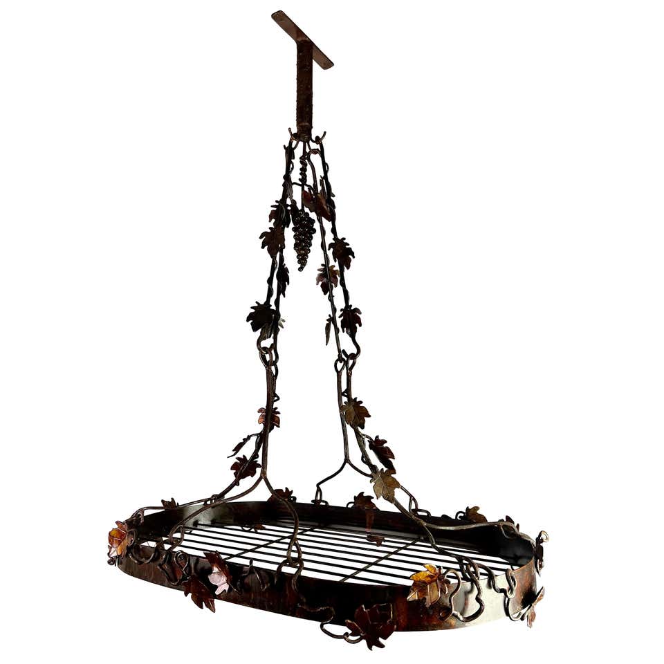 Large Wrought Iron Hanging Pot Rack with Grape Motif For Sale at ...
