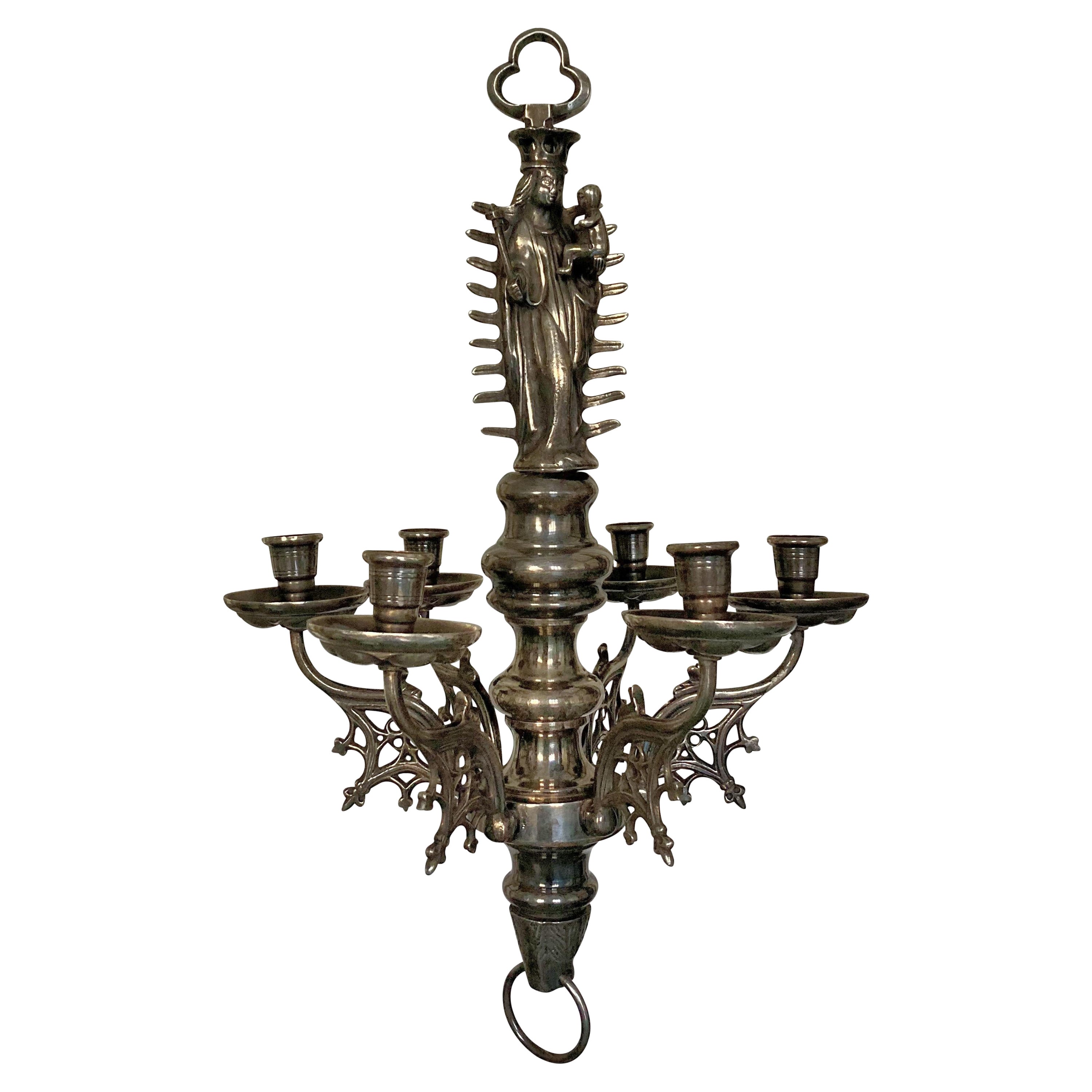 Flemish Gothic Six Light Silver Plated Chandelier For Sale