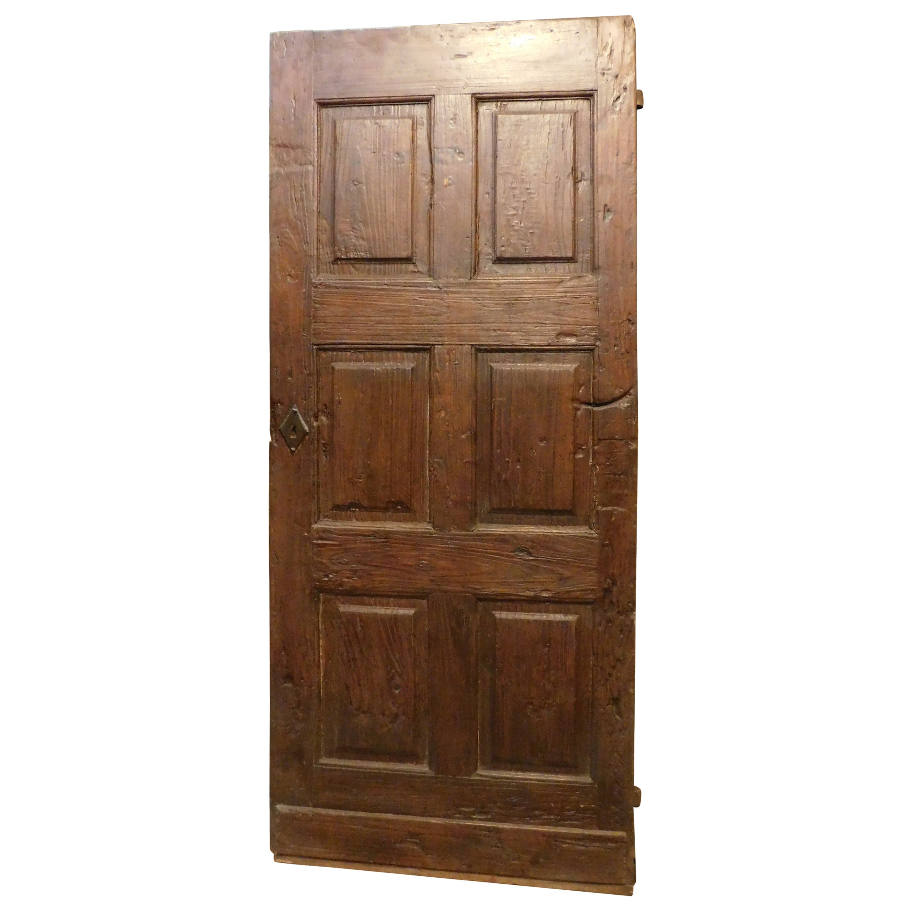 Walnut Entrance Door Carved with Six Panels, 19th Century Italy