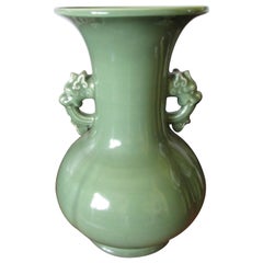 Vintage Jade Green Korean Celadon Vase with Dragon Ears Mid 20th Century