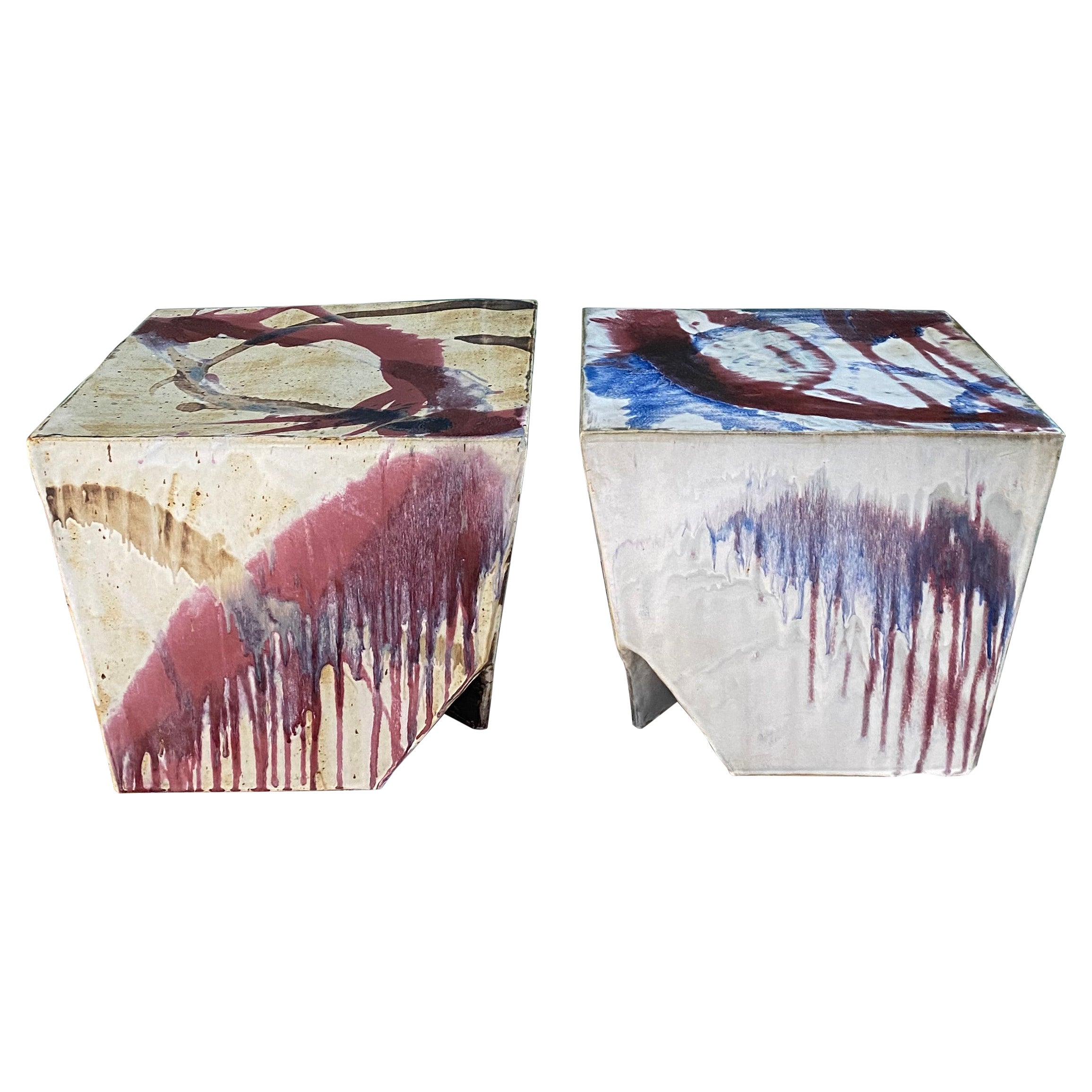 Vintage Abstract Ceramic Plinth Stools or Side Tables, Pair For Sale