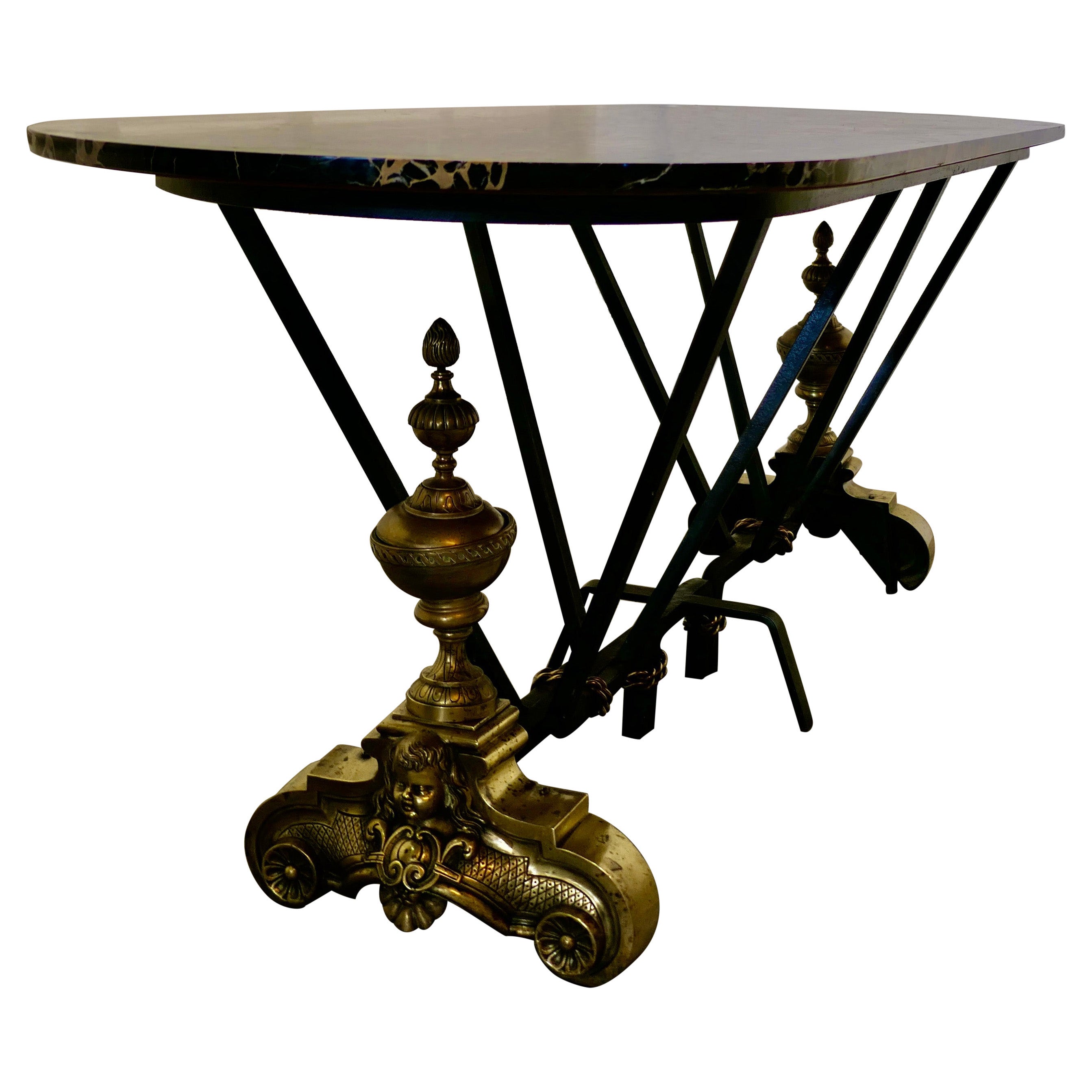 French Brass and Iron Marble Top Centre Table For Sale