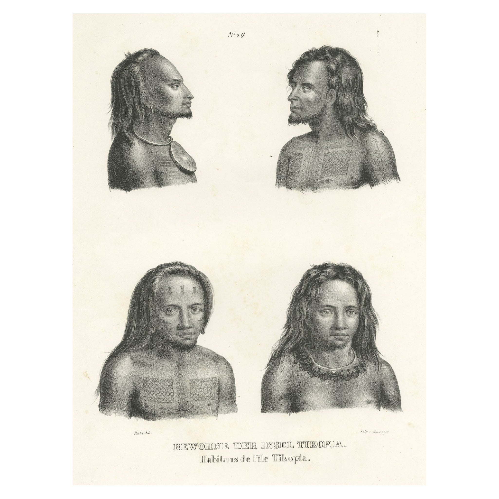 Antique Print of Tattooed Natives of Tikopia, Solomon Islands For Sale