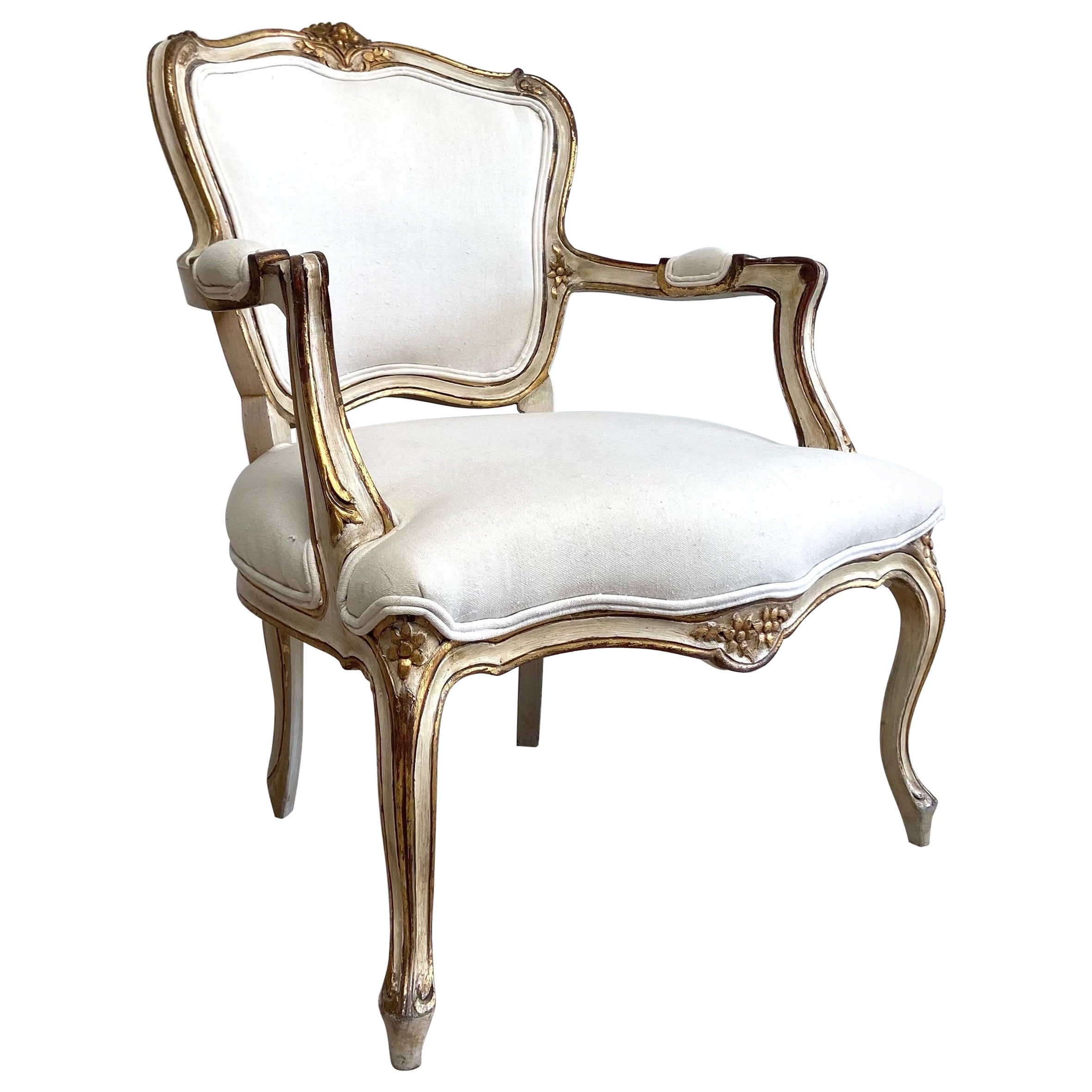 Antique French Armchair in Original Painted Finish and White Linen at