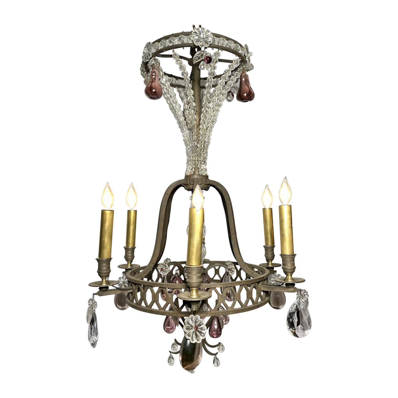 Antique French Wrought Iron & Crystal Chandelier, Circa 1880.